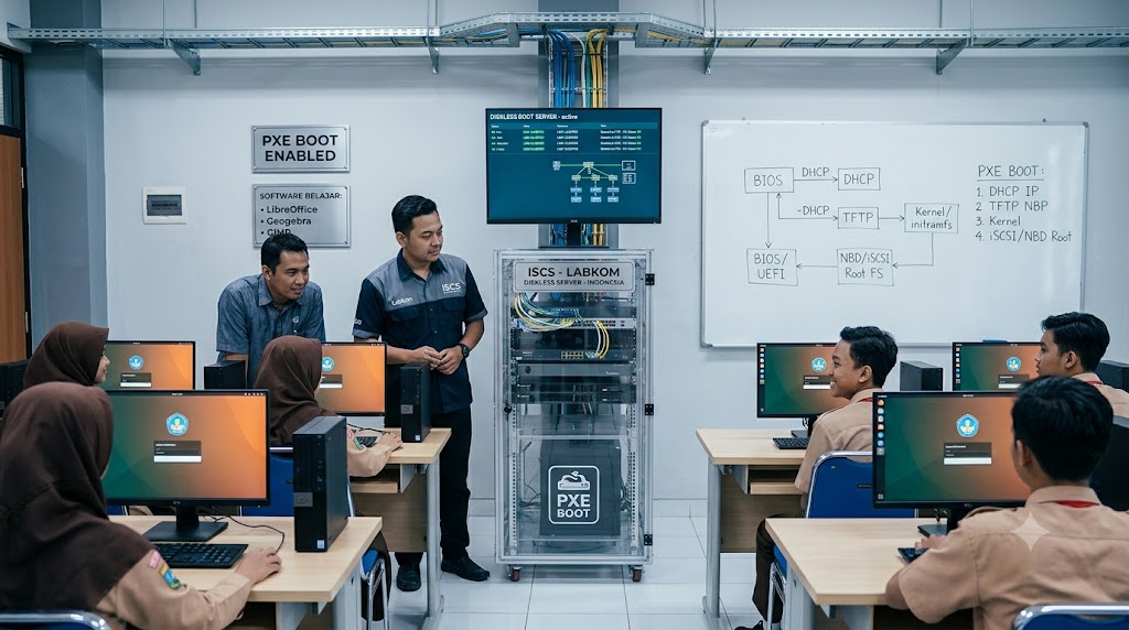Laboratorium komputer sekolah dengan sistem diskless PXE boot