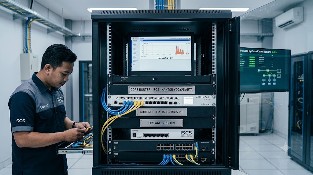 Server rack dengan konfigurasi Mikrotik RouterOS di kantor